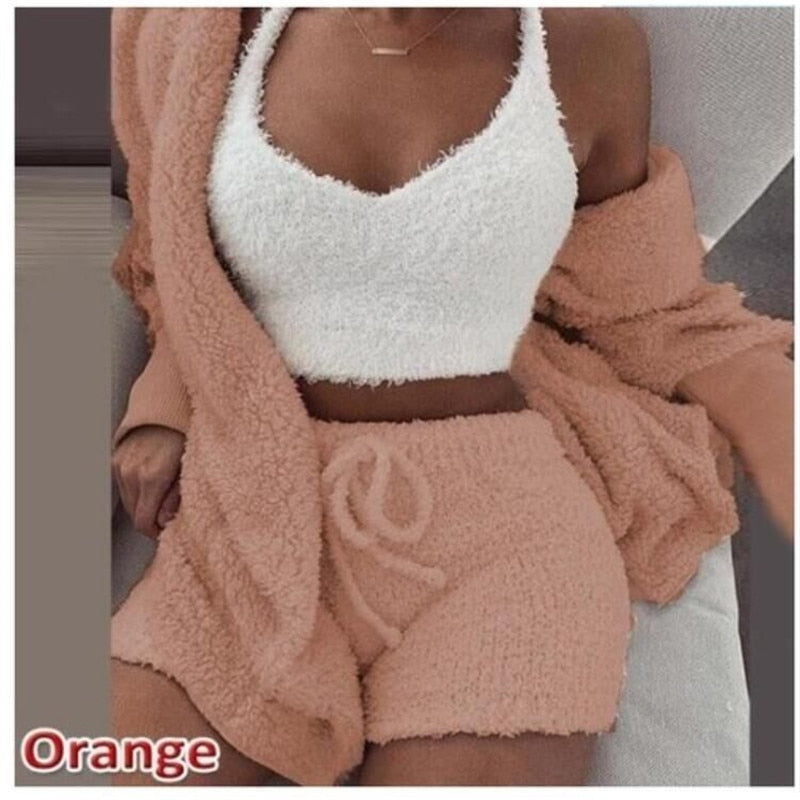 Conjunto de pijama de veludo coral feminino primavera outono inverno pijama 3 conjunto de três peças pijamas tops shorts casaco terno