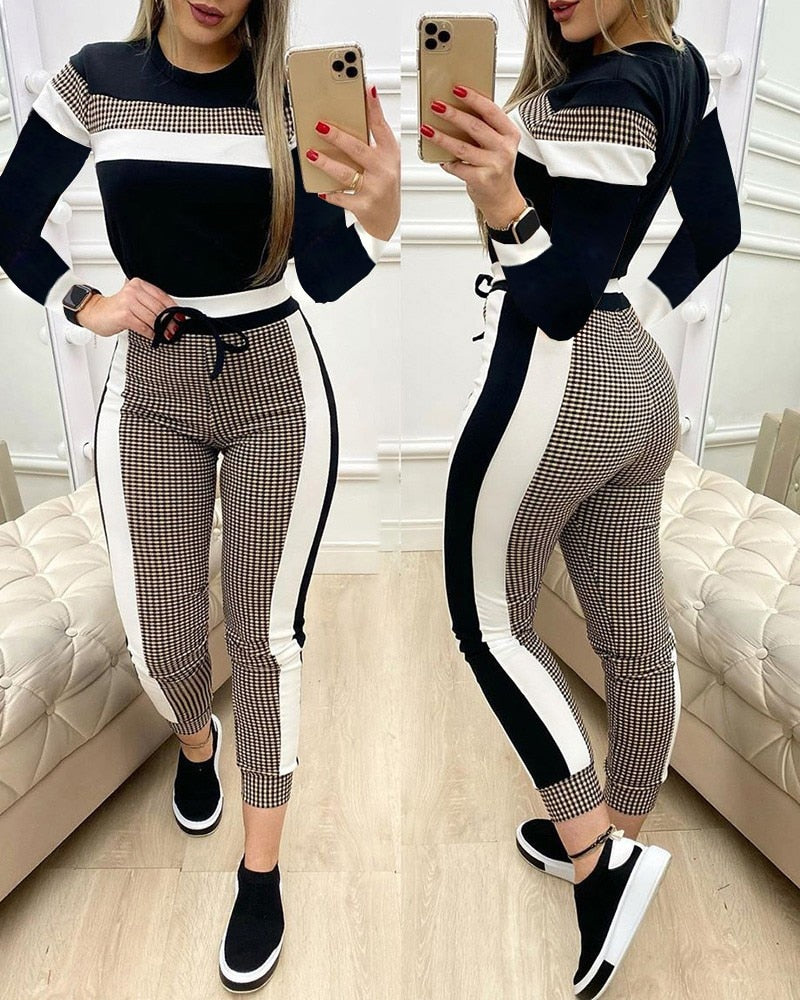 Conjunto calça cintura alta e camisa tplaid listrado