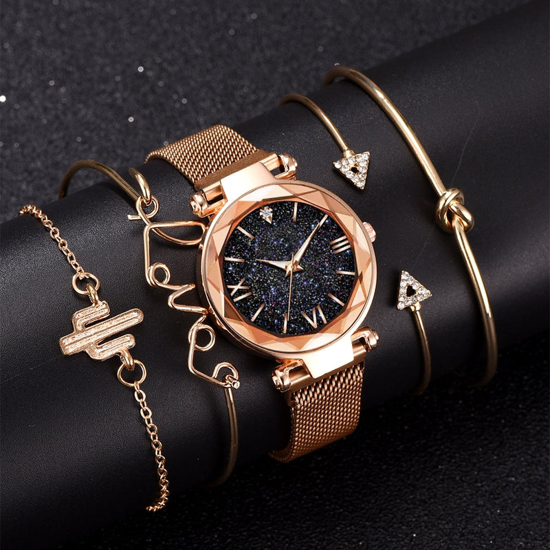 Marca de luxo ouro rosa céu estrelado relógio feminino pulseira de cristal de quartzo relógio de pulso