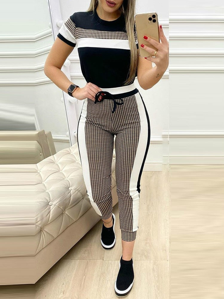 Conjunto calça cintura alta e camisa tplaid listrado